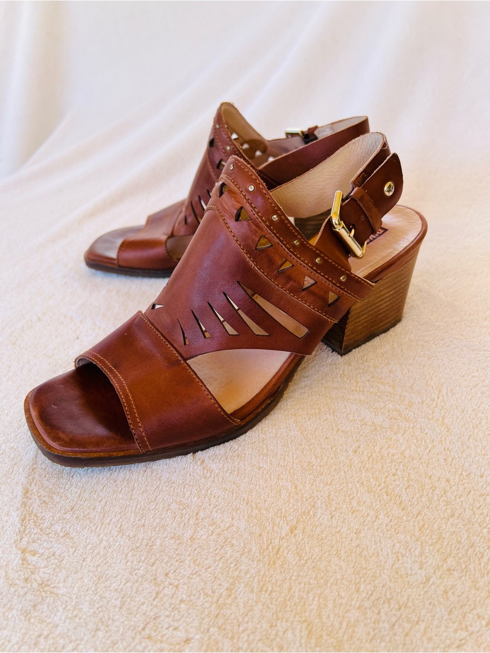 Pikolinos Brown Leather Slingback Heeled Sandals Geometric Cutouts Size 8 - Picture 8 of 9